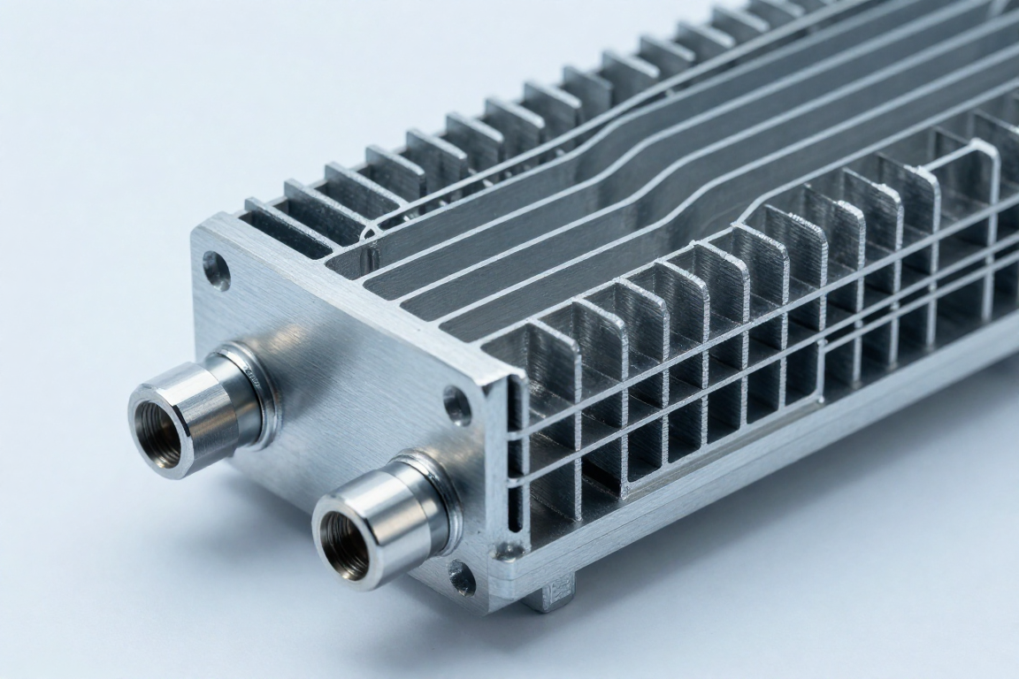 Macro photograph of a copper cold plate with microchannel fins
