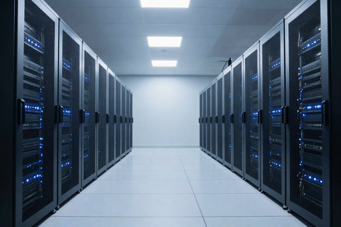 Data center hall with rows of tall server racks