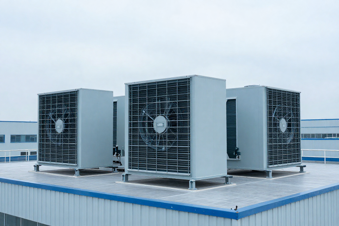 Industrial dry coolers with axial fans on a building roof