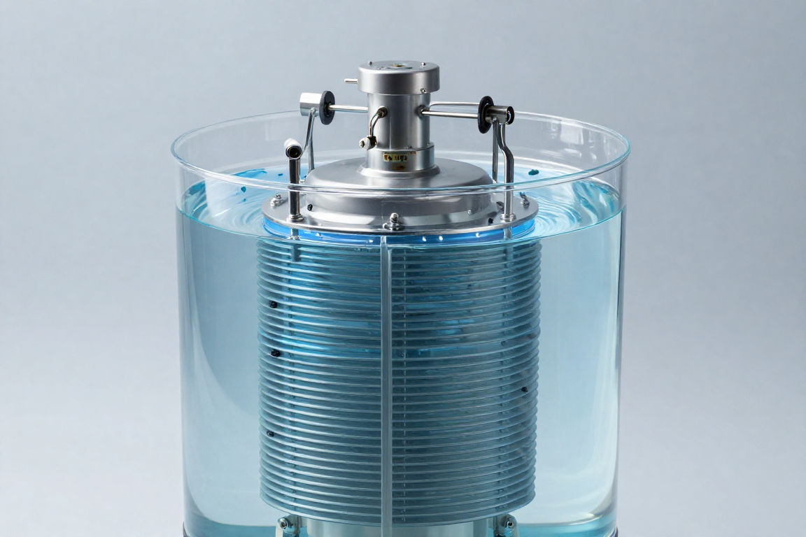 Immersion cooling tank with server blades in dielectric fluid — AI illustration