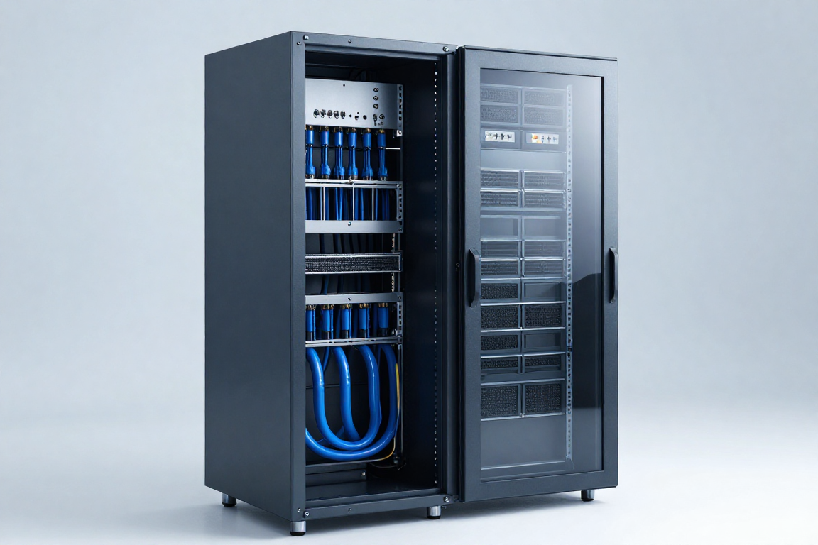 Liquid-cooled server rack with open side door showing coolant manifold and blue hoses