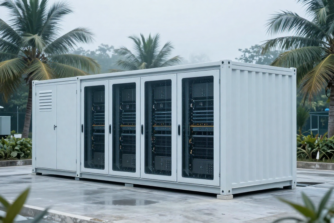 Modular data center container in a humid tropical setting
